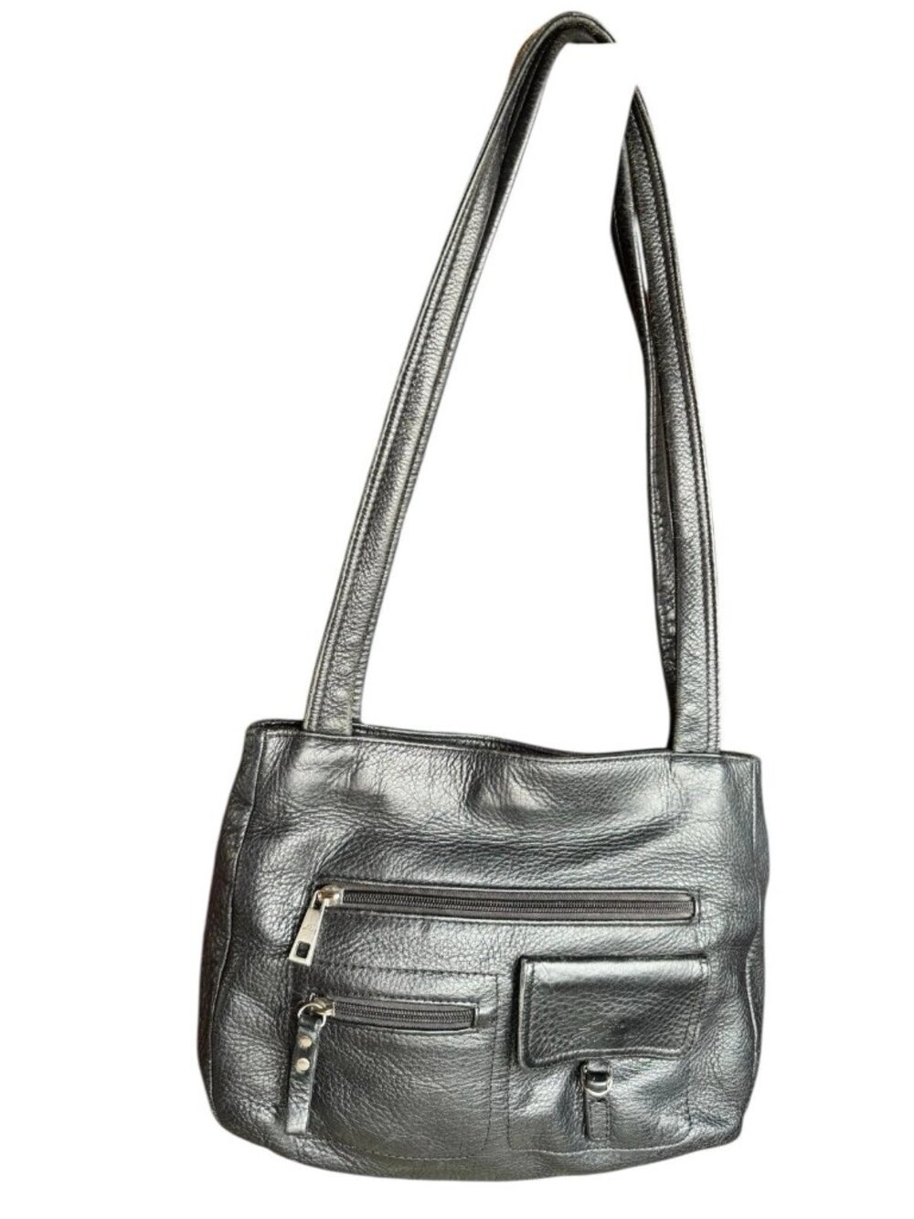 Stone Mountain Handbag Womens Black Pebble Leather Double Handles Shoulder Bag